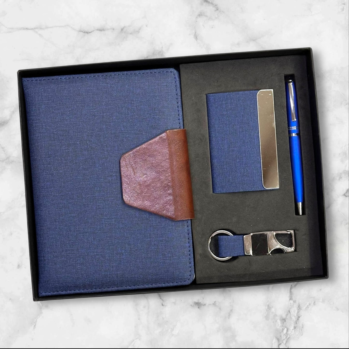 Navy Blue Khadi Fabric 4 in 1 Gift Set - Karigar Chiriyaa