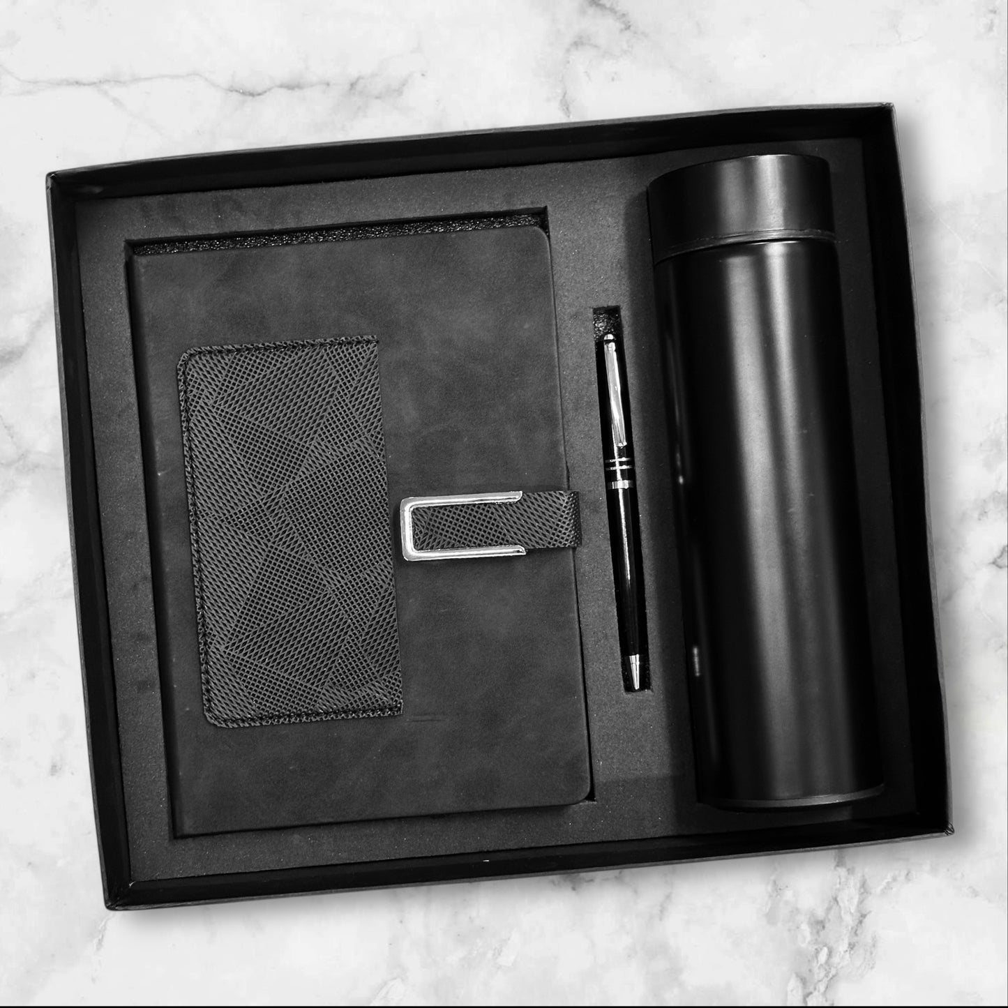 Black Cloudy Notebook with Front Pocket 3 in 1 Gift Set - Karigar Chiriyaa