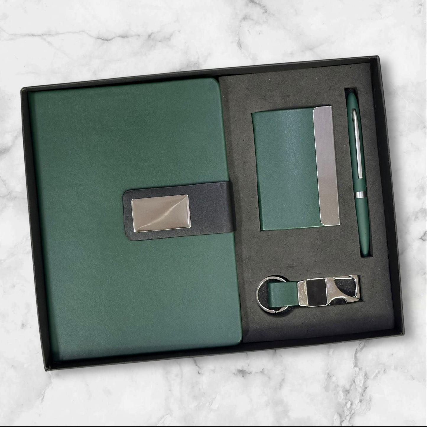 Forest Green Khadi Texture Fabric 4 in 1 Gift Set - Karigar Chiriyaa