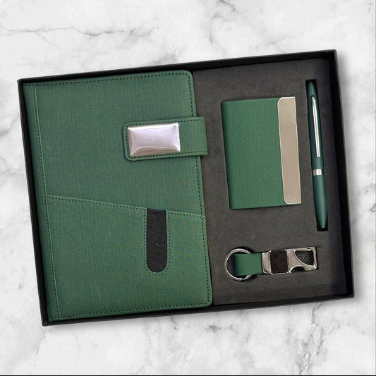Forest Green Khadi Texture Fabric 4 in 1 Gift Set - Karigar Chiriyaa