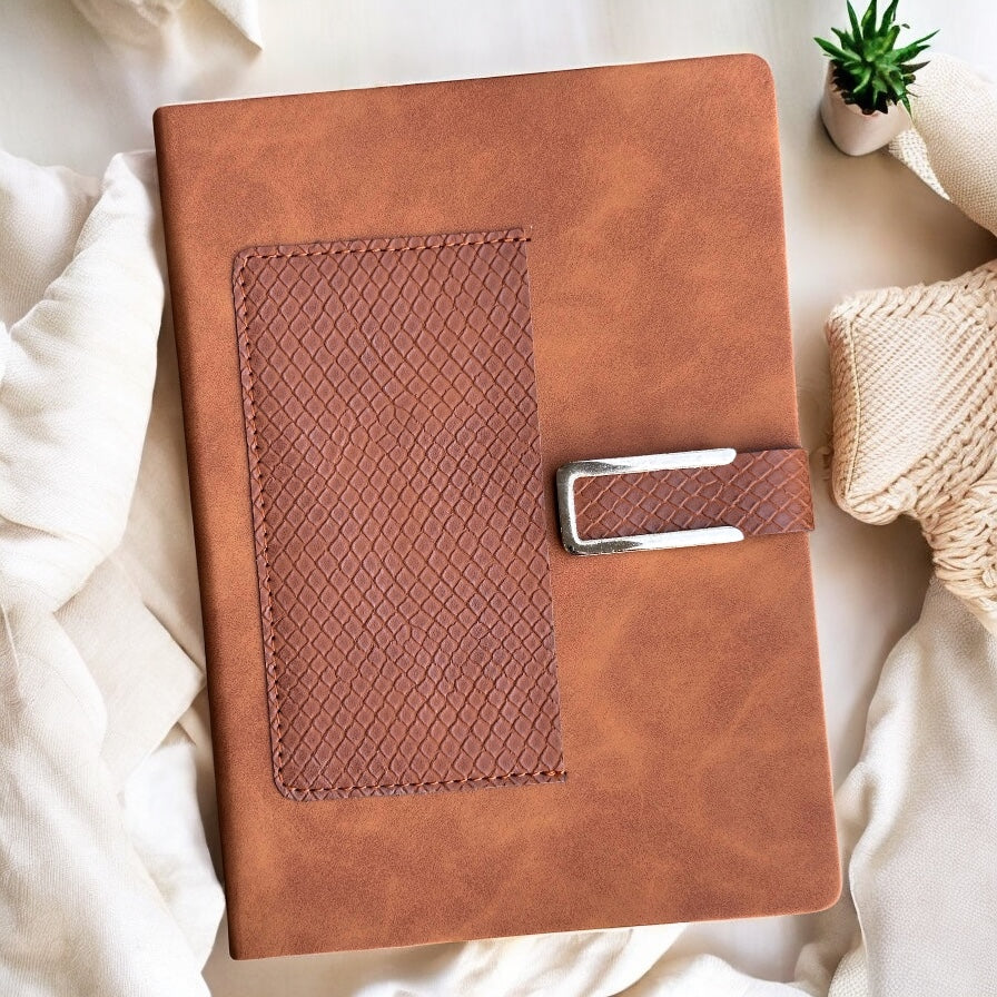 Cloudy Tan Texture Buckle Close With Front Pocket - A5 Notebook - Karigar Chiriyaa