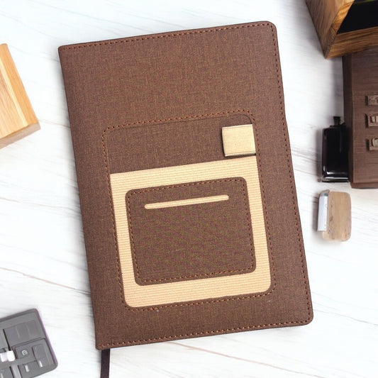 Brown Khadi Texture with Front Mobile Holder - A5 Notebook - Karigar Chiriyaa