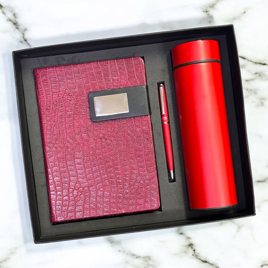 Mahroon Crocodile Texture Notebook 3 in 1 Gift Set - Karigar Chiriyaa
